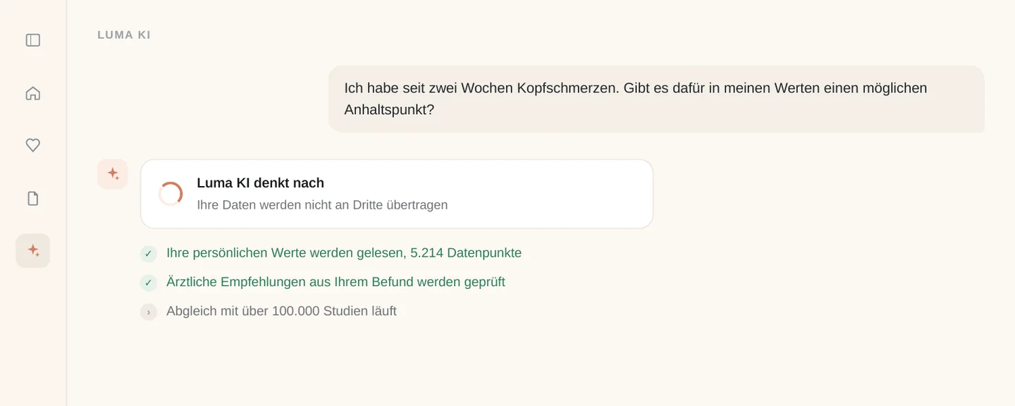 Die Luma KI zeigt im Chat, welche Quellen sie für eine Antwort liest